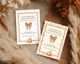 Invitación de otoño con calabaza y lazo, invitaciones de otoño, invitaciones editables de Canva, invitación rústica para fiesta, plantilla de otoño, descarga digital
