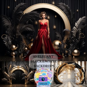 40 Elegant Black & Gold Digital Photography Backdrop Feathers and Balloons Maternity Backdrop Overlays, Wedding Backdrop Birthday Backdrops