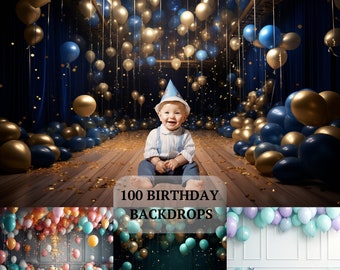 100 Birthday Backdrops Digital Backdrop Balloons, Cake Smash Maternity Photography Overlays, Theme for Baby Birthday Photography Backgrounds