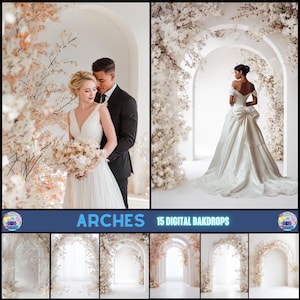 Pode incluir: Imagem composta com arcos de casamento e casais. No canto superior esquerdo, um casal com vestido branco e fato preto, rodeado por arranjos florais. No canto superior direito, uma noiva com vestido branco. Em baixo, 6 fundos de arco. Texto: ARCHES 15 DIGITAL BAKDROPS.