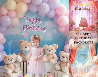 Może przedstawiać: Dwa tła urodzinowe w motywie niebieskich i białych chmur. Jedno tło zawiera łuk z pastelowych balonów z napisem "Happy Birthday", a drugie tło zawiera zasłonę z napisem "Happy Birthday" i tort.