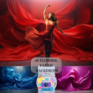 May include: A woman in a red dress dances amidst flowing red fabric. The image features the text "40 FLOWING FABRIC BACKDROPS" and a logo with a camera and the word "OMAZE". The backdrop also shows blue and purple fabric.