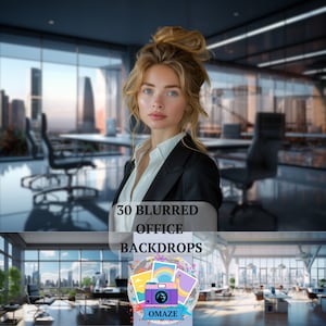 May include: A woman in a black blazer and white shirt stands in front of a blurred office backdrop. The image includes the text "30 BLURRED OFFICE BACKDROPS" and a logo with a camera and the word "OMAZE". The background shows a modern office setting.