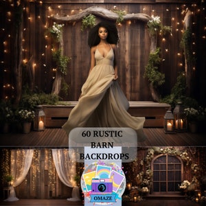 Pode incluir: 60 Cenários rústicos de celeiro. Uma mulher com um vestido bege fluido está em frente a um cenário de madeira rústica com um arco de madeira decorado com vegetação e luzes de corda. O cenário é perfeito para fotografia e videografia.