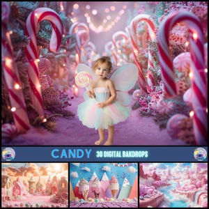 以下が含まれることがあります： パステルカラーの妖精の衣装を着た幼い子供が、キャンディケインとキャンディをテーマにした気まぐれな背景に囲まれた、ロリポップを持っています。画像には「CANDY 30 DIGITAL BAKDROPS」と表示されています。