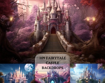 100 fondos digitales de castillos de hadas, fondo de castillo, fondo de cuento de hadas mágico para niños, superposición de Photoshop de cuento de hadas de mal humor para cumpleaños de niñas