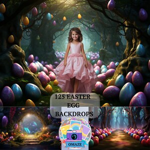 May include: A young girl in a pink dress walks through a magical forest path lined with colorful Easter eggs. The path leads to a glowing archway. 125 Easter Egg Backdrops by Omaze.