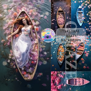 Puede incluir: Una colección de 75 fondos digitales con arreglos florales en botes sobre un fondo de agua azul. Los fondos son perfectos para fotógrafos y artistas digitales.