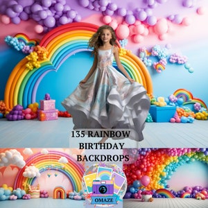 Puede incluir: Un telón de fondo de arcoíris colorido con globos y una niña con un vestido blanco. El telón de fondo es perfecto para una fiesta de cumpleaños. El texto en el telón de fondo dice "135 Rainbow Birthday Backdrops" y "Omaze".