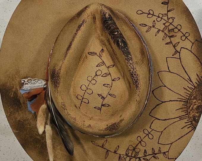 Featured listing image: Hand Burned Rustic Sunflower Fedora