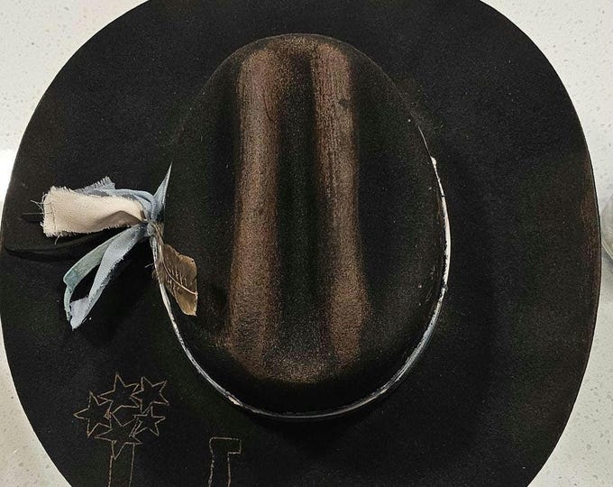 Featured listing image: Hand Burned Rustic Star Gazer Cowboy Hat