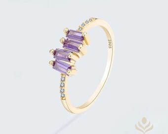 18K Gold Ring, 925 Sterling Silver Ring, Gemstone Purple Amethyst Ring, Trendy Rings, Zirconia Stones Ring,  Geometric Ring