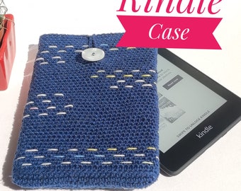 Handmade Kindle Sleeve – Blue Crochet E-Reader Cover with Button Closure, Gift for Book Lovers