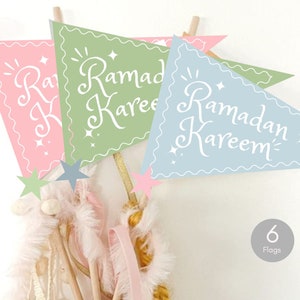 Ramadan Kareem Pennant Flags Set of 6 Ramadan Mubarak Flags Ramadan Decorations Printable Banner Colorful Pastel Ramadan Decor Flags