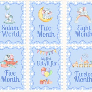 Cartes d'étape pour bébé musulman Cartes d'étape mensuelle pour bébé islamique Panneau d'annonce pour bébé garçon Nouveau-né musulman Panneau du monde Salam Carte de mois pour bébé