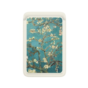 Cartera Vangogh Magsafe, tarjetero magnético de piel con diseño de flor de almendro para iPhone 15, iPhone 14, iPhone 13 SE Pro Max Plus