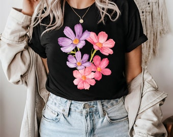 Flowers Tshirt, Pink Flowers Tee, Oversized Vintage Botanical Tee, Garden Lover Shirt,  Floral Nature Shirt