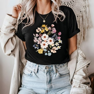 Oversized Botanical Tee Vintage Colorful Cute T-Shirt Floral Print Wildflowers Womens Tees Gift zdjęcie 1