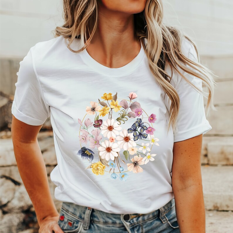 Oversized Botanical Tee Vintage Colorful Cute T-Shirt Floral Print Wildflowers Womens Tees Gift zdjęcie 3