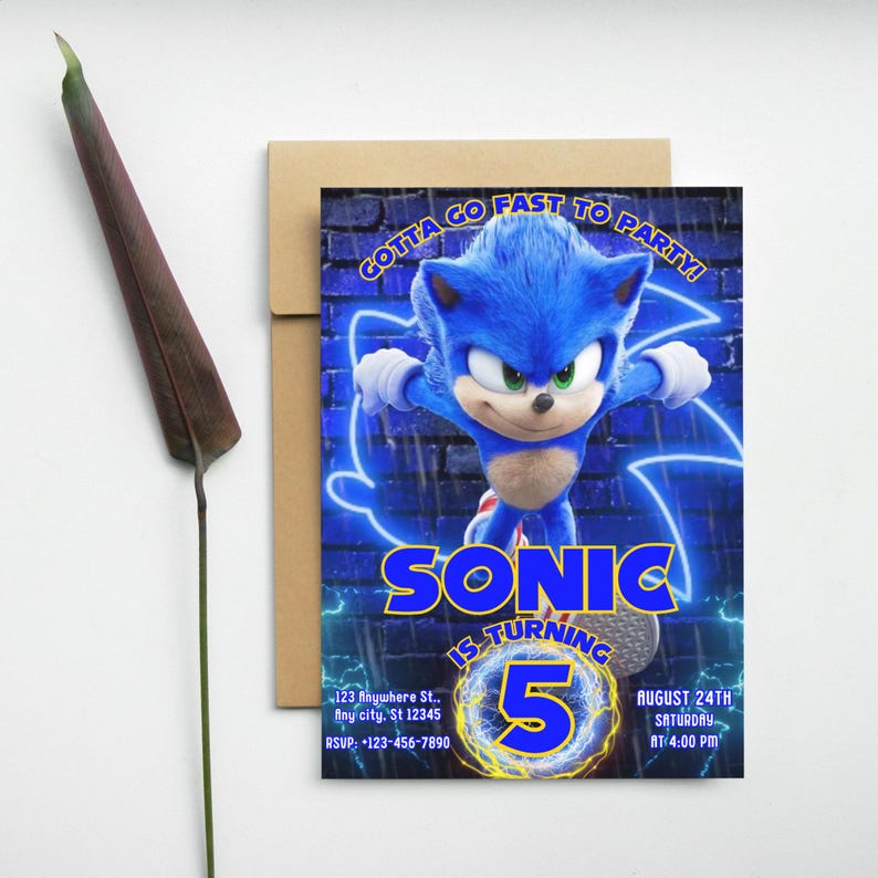 May include: A blue and yellow birthday invitation featuring Sonic the Hedgehog. The invitation says "Gotta Go Fast To Party!" and "Sonic Is Turning 5". The invitation also includes the date and time of the party.