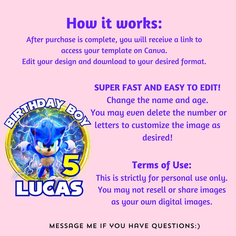 May include: Editable birthday party invitation featuring a cartoon image of Sonic the Hedgehog, a blue hedgehog with yellow eyes, standing in a golden ring with the text "Birthday Boy" above and "Lucas" below. The number "5" is in a yellow circle to the right of Sonic.