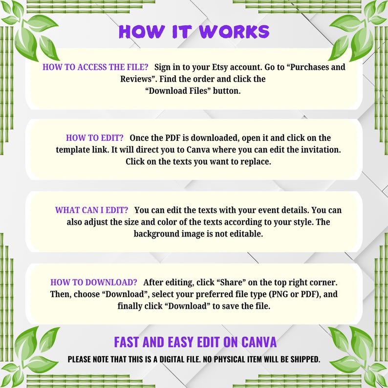 May include: A green and white graphic with the text "HOW IT WORKS" in black. The graphic explains how to access, edit, and download a digital file. The text also states that the file is a digital file and no physical item will be shipped.