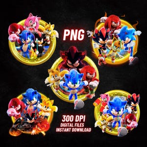 Set of 5 Sonic The Hedgehog 3 PNG bundle, Sonic 3 PNG, Sonic 3 Shirt, Transparent, Instant Download, Shadow, Tails, Knuckles, High Quality