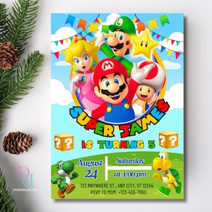 Super Mario Geburtstagseinladung, Super Mario Einladungsvorlage, Videospiel, Kind einladen, bearbeitbare Vorlage, bearbeitbares Canva, Super Mario Geburtstag