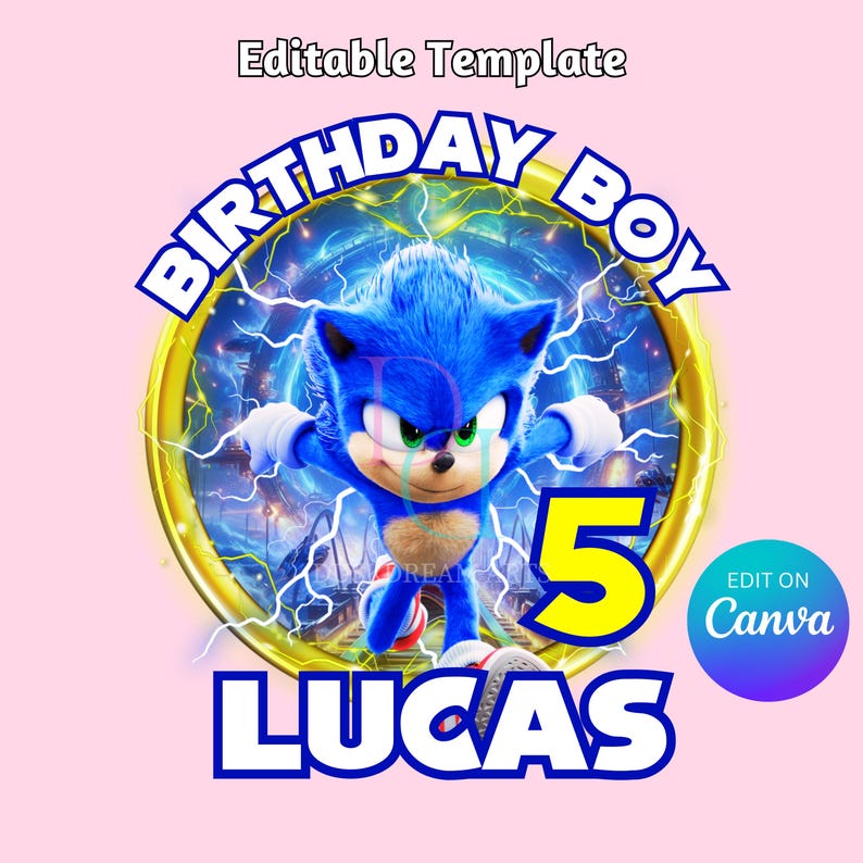 May include: Editable birthday party template featuring a blue Sonic the Hedgehog character from the movie, with a yellow circle around him and the text "Birthday Boy" above and "Lucas" below. The number "5" is in yellow and the text "Edit on Canva" is in a purple circle.