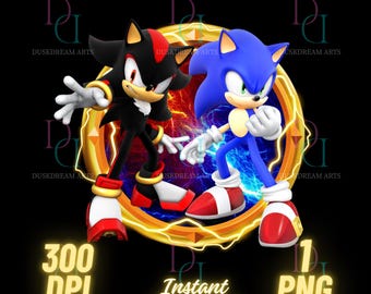 May include: A digital illustration of Sonic the Hedgehog and Shadow the Hedgehog facing each other. Sonic is blue with red shoes and Shadow is black with red shoes. They are both standing in a golden ring with lightning bolts.