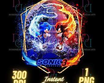 May include: A digital illustration of Sonic the Hedgehog and Shadow the Hedgehog facing each other in a fiery and icy battle. The background is a geometric pattern with gold accents. The text "SONIC 3" is displayed in the center of the image.