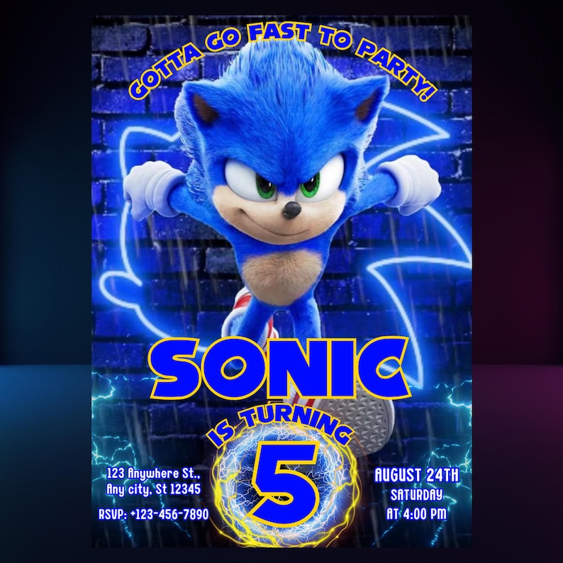 May include: A blue and yellow birthday party invitation featuring Sonic the Hedgehog. The invitation has a neon blue and yellow design with the text "Gotta Go Fast To Party!" and "Sonic Is Turning 5".