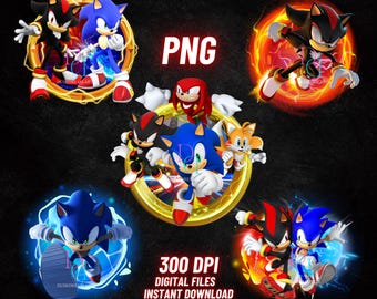 May include: Digital art featuring Sonic the Hedgehog and Shadow the Hedgehog in action poses. The image includes the text "PNG" and "300 DPI DIGITAL FILES INSTANT DOWNLOAD". The characters are surrounded by dynamic energy effects.