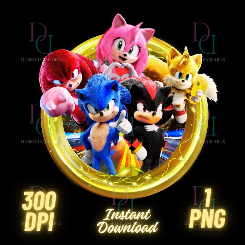 Pu&ograve; includere: Grafica digitale con Sonic the Hedgehog e amici, tra cui Amy Rose, Knuckles, Tails e Shadow, all'interno di un anello dorato. L'immagine include il testo "Instant Download", "300 DPI" e "1 PNG" su sfondo nero.
