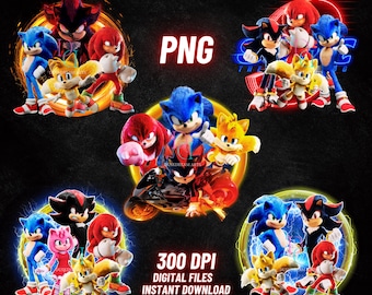 May include: Digital PNG files featuring various characters from the Sonic the Hedgehog franchise. The image includes Sonic, Tails, Knuckles, Shadow, and Amy Rose, with the text "PNG" and "300 DPI DIGITAL FILES INSTANT DOWNLOAD".