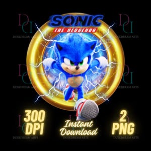 May include: A digital illustration of Sonic the Hedgehog, a blue anthropomorphic hedgehog with red shoes, running through a golden ring with lightning bolts. The text "Sonic The Hedgehog" is above the ring. The text "300 DPI" is in the lower left corner, and the text "Instant Download" is in the lower centre. The text "2 PNG" is in the lower right corner.