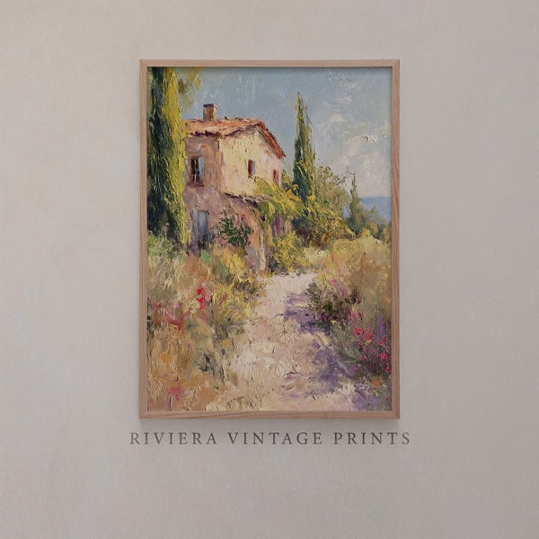 Paysage provençal imprimable, peinture vintage avec maison en pierre et pins, végétation méditerranéenne, décoration d'intérieur rustique de campagne