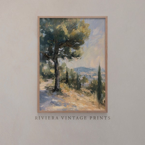 Paysage provençal imprimable, peinture vintage avec pins parasol et végétation méditerranéenne, escapade à la campagne, décoration d'intérieur rustique