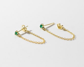 Sterling Silver Emerald Green CZ Chain Ear Jacket, Silver or Gold, Front & Back Earrings, Two Part Earrings, Earring with Chain