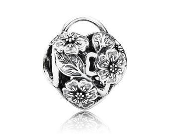 Pandora charm floral heart padlock sterling silver bead