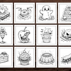 May include: A set of 10 black and white illustrations featuring various spooky and cute food items. The illustrations include a heart-shaped cake, a donut with wings, a gingerbread man, a cake with skulls, a sundae with a ghost, an apple with a face, a cupcake with a witch hat, a s'more with a skull, a cupcake with a face, a bundt cake with sprinkles, and a caterpillar with eyes.