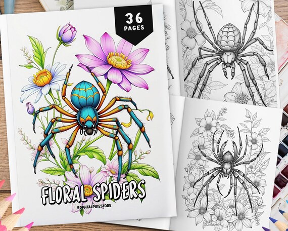 36 Floral Spiders Coloring Pages for Adults, Grayscale