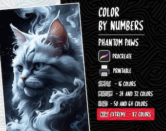 May include: Color by numbers coloring page featuring a white cat with blue eyes and smoke-like wisps around it. The title "Phantom Paws" is at the top of the page. The text "Procreate, Printable, Simple - 16 Colors, Medium - 24 and 32 Colors, Hard - 50 and 64 Colors, New Extreme - 82 Colors" is also included.