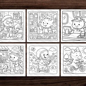 Op de afbeelding: Een verzameling van zes zwart-wit kleurboekpagina's met cartoon draken in verschillende omgevingen. Een draak leest in een caf&eacute;, anderen werken in een restaurant, een bloemenwinkel, rijden op een scooter en fiets.