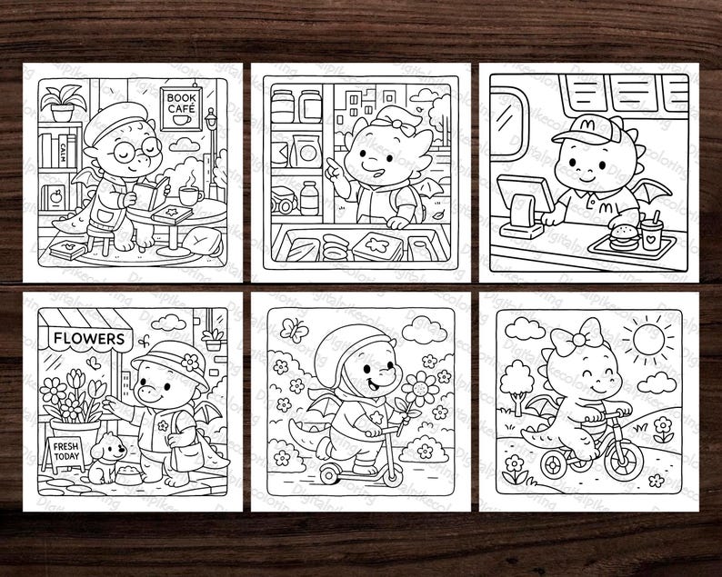 Op de afbeelding: Een verzameling van zes zwart-wit kleurboekpagina's met cartoon draken in verschillende omgevingen. Een draak leest in een caf&eacute;, anderen werken in een restaurant, een bloemenwinkel, rijden op een scooter en fiets.
