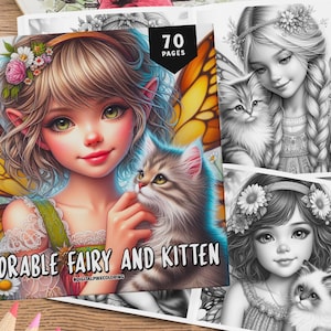 70 Adorable Fairy and Kitten Coloring Pages, Grayscale Coloring Pages, Coloring Sheets, Adult Coloring, Fairy Coloring Book, Kitten Coloring