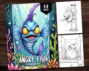40 Angry Fish Coloring Book, Grayscale Coloring, Coloring Sheets, Animals Coloring Book, Fish Coloring Book, Instant Download, Printable PDF