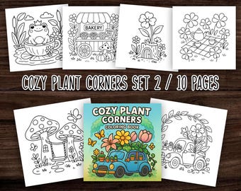 Cozy Plant Corners Set 2 / 10 Seiten / Bold and Easy Colouring Pages Simple Relaxing Printable PDF Malbuch Frühling Malseiten in PDF
