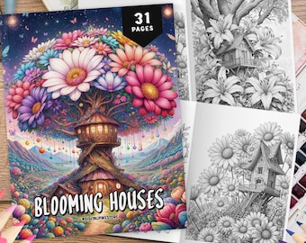 30 Blooming House Coloring Pages, Coloring Sheets, Fantasy Coloring, Grayscale Coloring Book for Adults, Flower Houses, Relaxation Coloring