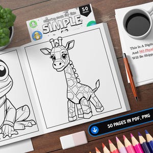 K&ouml;nnte beinhalten: Ein Schwarzwei&szlig;-Malbuch mit einer Giraffe und einem Frosch auf dem Cover. Der Titel des Buches lautet "Simple Coloring Book for Kids" und es hat 50 Seiten.